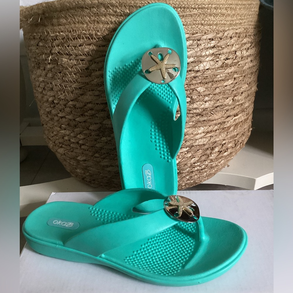 🏖️ OKA B Sandy flip flops turquoise silver EUC - Picture 1 of 9